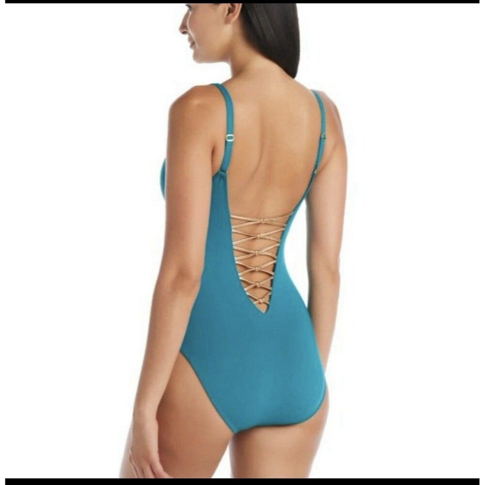 Bleu Rod Beattie Deep Water Blue Lace Up Plunge One Piece Swimwear Size 4 NWT